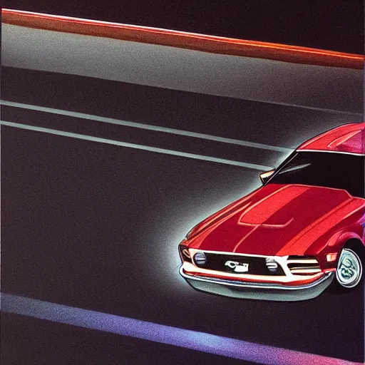 Prompt: ford mustang top view with shades on it and random color lights escaping from a door to lighting the car, painting by Kentarō Miura