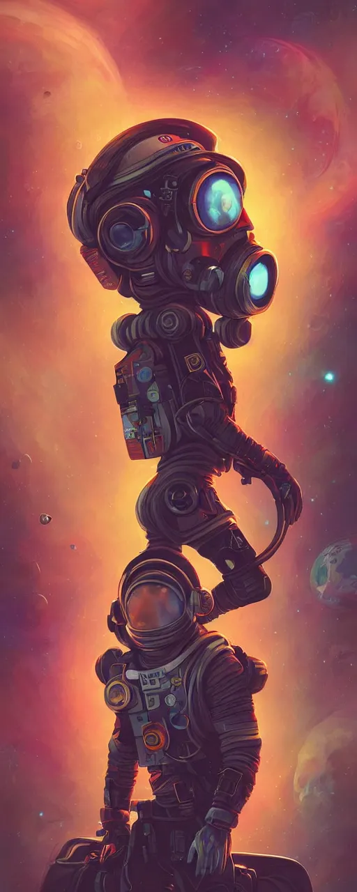 Image similar to a poster design of a cyberpunk astronaut wearing headphones in space, universe, cyberpunk, warm color, Highly detailed labeled, poster, peter mohrbacher, featured on Artstation