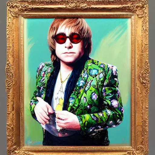 Image similar to elton john lennon wearing avocado clothes, oil painting, ultradetailed, artstation, ultradetailed