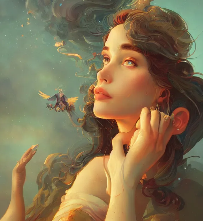 Image similar to centered waist up portrait photography an angel + bokeh + DOF + 8k, photorealistic + rendered in octane + illustration by Peter Mohrbacher, line work by Dan Mumford