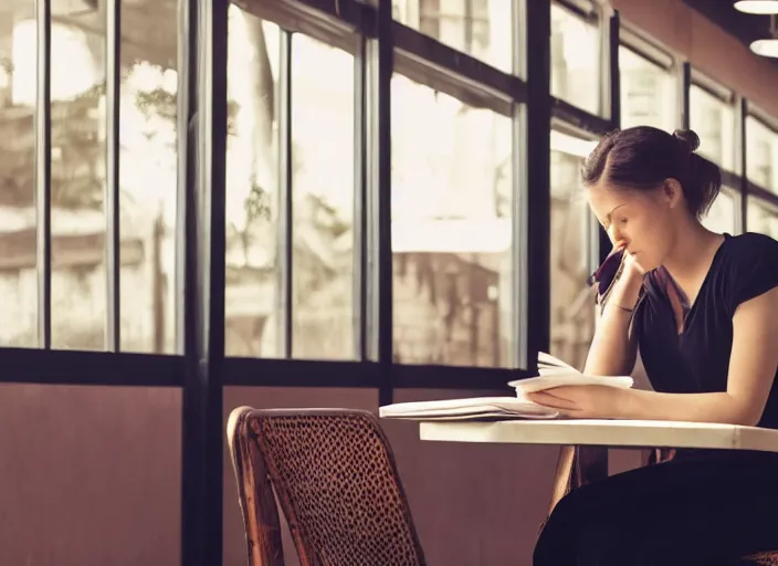 Image similar to film still. young woman. sitting at a table. reading a newspaper. in public cafeteria. extremely detailed. 4 k.