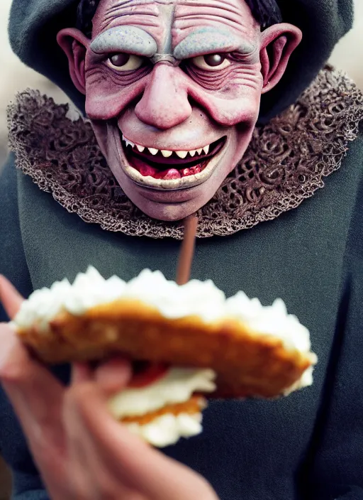 Image similar to closeup portrait of a medieval goblin eating cakes in the cloisters, depth of field, zeiss lens, detailed, symmetrical, centered, fashion photoshoot, by Annie Leibovitz and Steve McCurry, David Lazar, Jimmy Nelsson, Breathtaking, 8k resolution, extremely detailed, beautiful, establishing shot, artistic, hyperrealistic, beautiful face, octane render