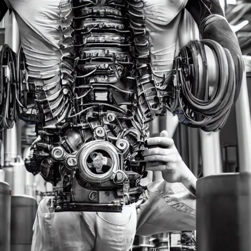 Image similar to a man with engines growing out of his back, man engine, man and machine