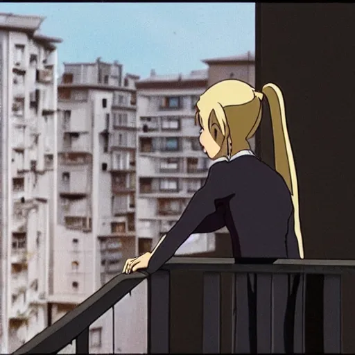 Image similar to a blonde woman wearing black with a ponytail stands on her balcony, still from urban scenes directed by Hayao Miyazaki