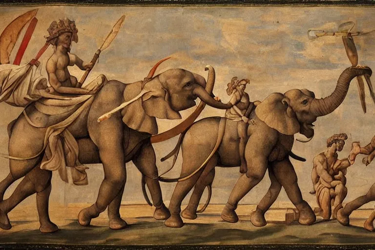 Image similar to “a Hellenistic painting of Lockheed Martin designed war elephants with missiles strapped to them, virtuoso, masterpiece, 8k, Michelangelo”