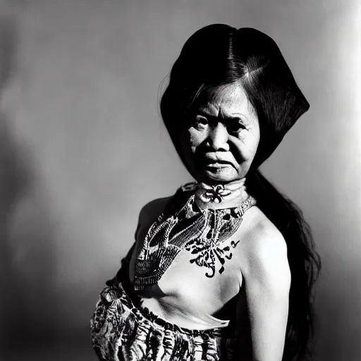 Image similar to A Filipino woman wearing demonic clothes, portrait, by Philippe Halsman