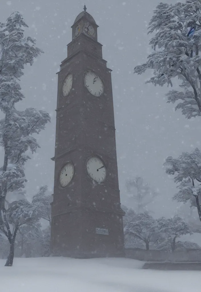 Image similar to arusha's clock tower covered in snow fantasy, trending on artstation, digital art.