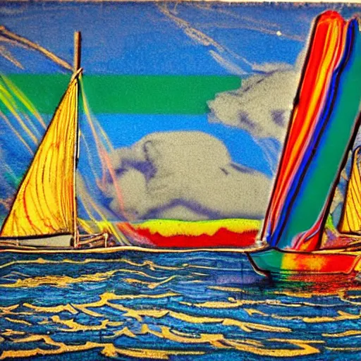 Image similar to balmy, melancholic crayon art, depth of field by willem kalf, by andy warhol, by randolph caldecott. a beautiful street art of a sailboat sailing on a sea of clouds, with a rainbow in the background. the sailboat is crewed by a group of monkeys, & the sails are billowing in the wind.