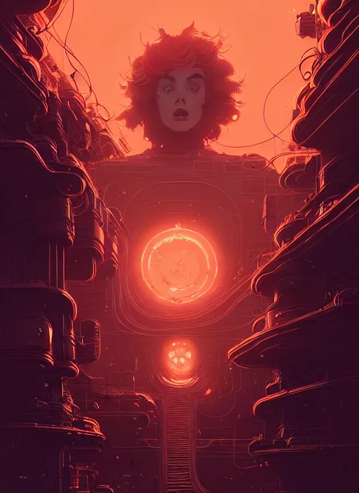 Prompt: highly detailed portrait of sci - fi long curly fire hair lady, stray wiring by atey ghailan, james gilleard, by joe fenton, by greg rutkowski, by greg tocchini, by kaethe butcher, 4 k resolution, gradient red, orange, black and white color scheme!!! ( ( flaming robotic dystopian city spiral background ) )