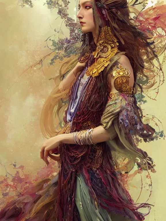 Image similar to Full view Bohemian Maiden goddess of the woods in beautiful dress, 4k digital illustration by Ruan Jia and Alberto Seveso, art nouveau iconography background, stunning portrait, amazing magnificent mystical illustration, award winning art, gold details, rim light, tarot card, intricate details, realistic, full view, Artstation, CGsociety