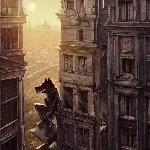 Image similar to werewolf sitting highly on lviv building, panorama, portrait, highly detailed, full body, digital painting, trending on artstation, concept art, sharp focus, illustration, art by artgerm and greg rutkowski and magali villeneuve