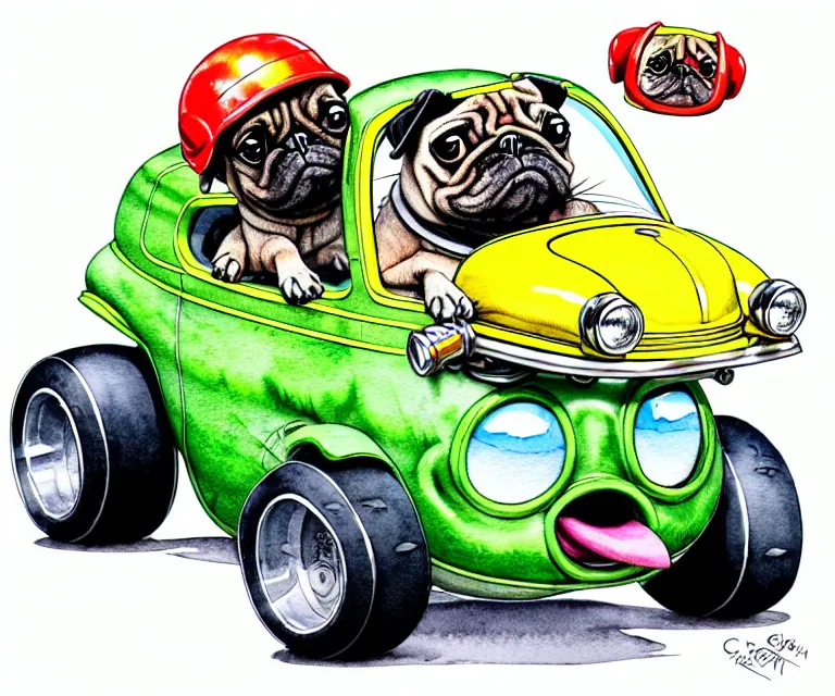 Prompt: cute and funny, pug wearing a helmet riding in a tiny hot rod with oversized engine, ratfink style by ed roth, centered award winning watercolor pen illustration, isometric illustration by chihiro iwasaki, edited by range murata, symmetrically isometrically centered