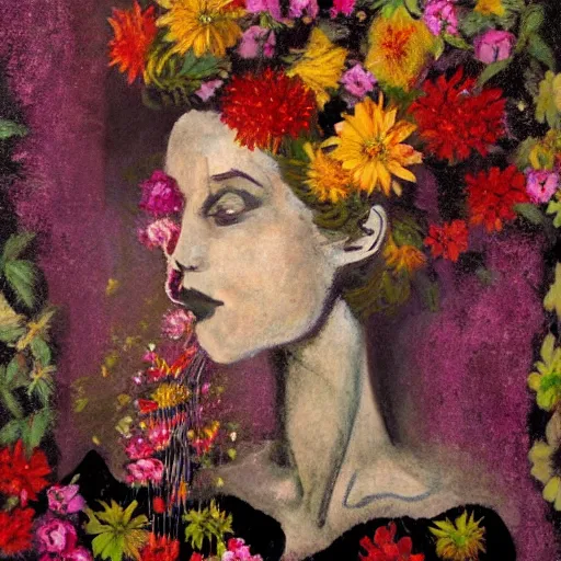 Image similar to portrait of a Smokey woman made of flowers and smoke