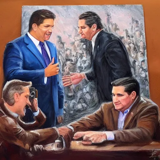 Prompt: ron desantis and ted cruz held hostage by columbian cartels, american shot, realistic painting