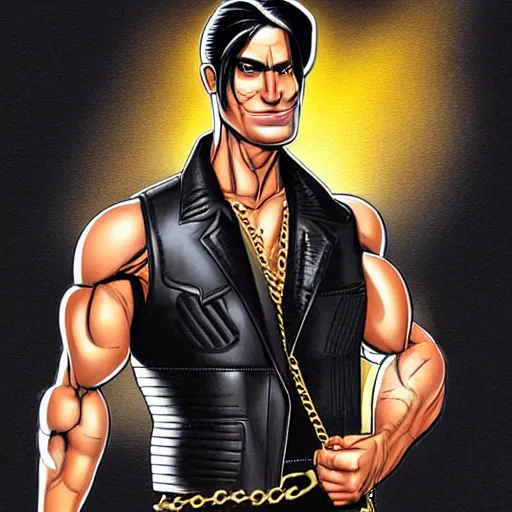 Image similar to a handsome man, in good physical shape, chiseled jaw, 5 o'clock shadow, long black hair in a ponytail, wearing a black leather vest, black leather vest is open, no shirt under the vest, wearing an ammo belt, wearing cargo pants, wearing a gold chain, holding a blaster, grim expression, full body shot, comic book art, realistic looking comic book sketch