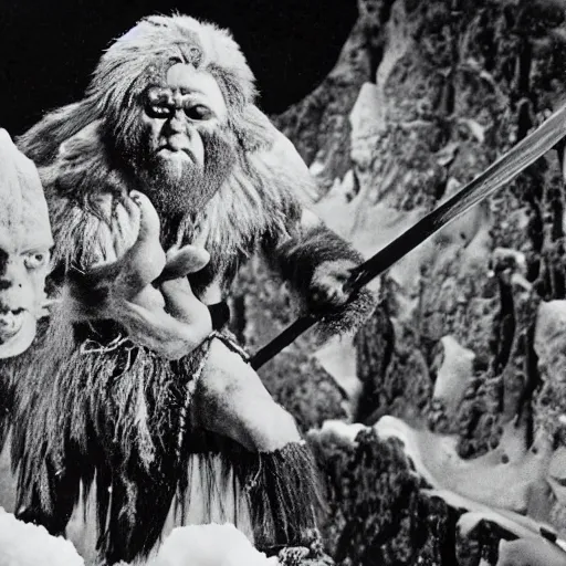 Prompt: A still from a lost 1962 Ray Harryhausen Dungeons & Dragons film featuring a dwarf fighting a Yeti in the snowy mountains. 35mm