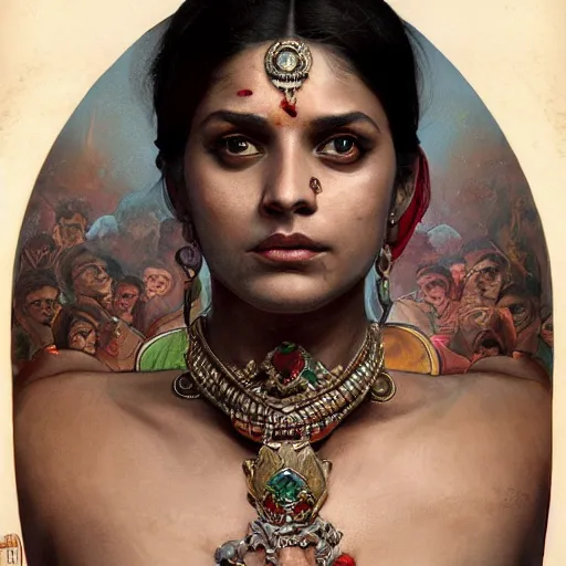 Image similar to portrait painting of a muscular bloodied indian man lower back, tattooed, wearing sari, jewellery, side profile, ultra realistic, concept art, intricate details, eerie, highly detailed, photorealistic, octane render, 8 k, unreal engine. art by artgerm and greg rutkowski and alphonse mucha