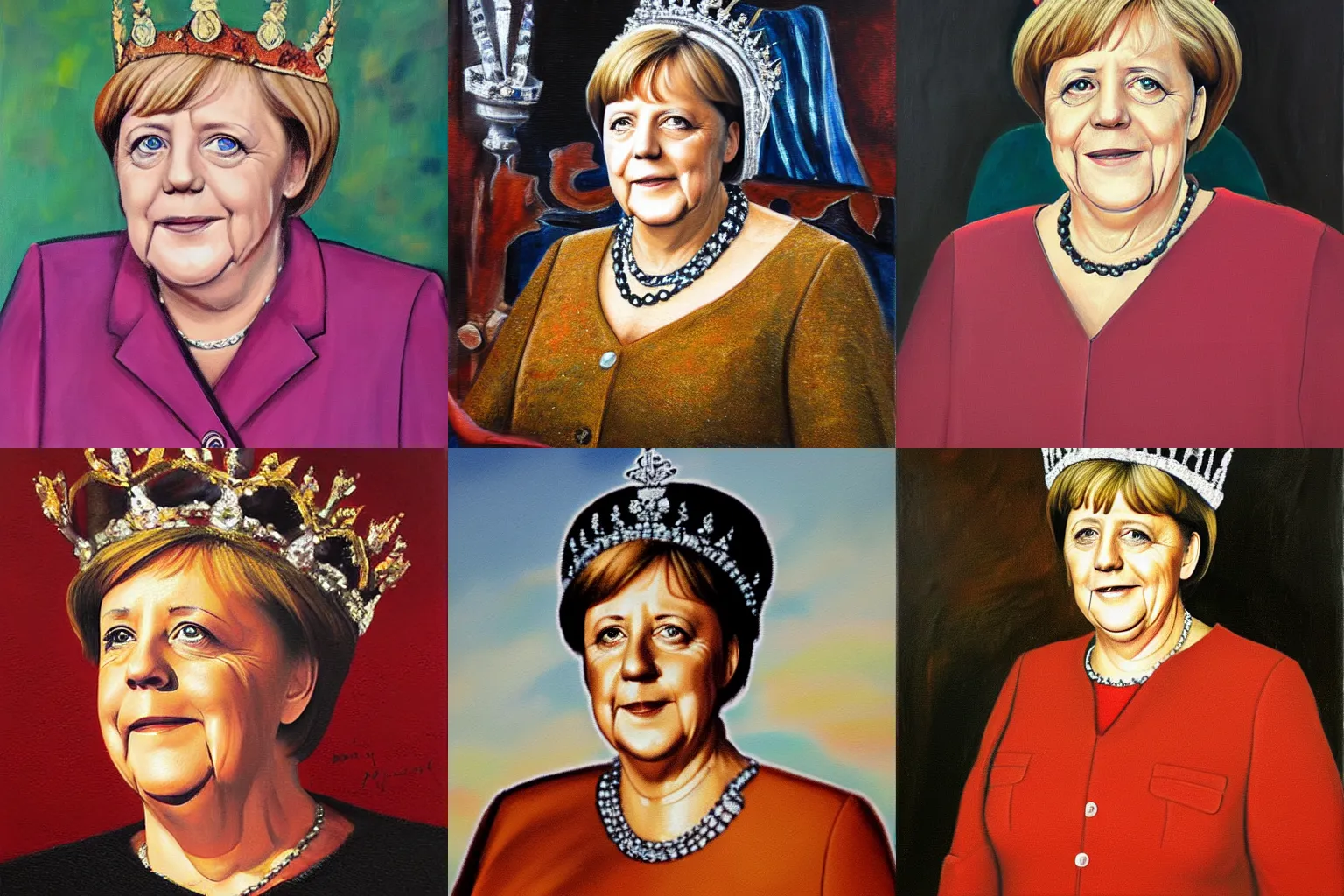 Prompt: Portrait of Merkel with crown, oil painting, monarch