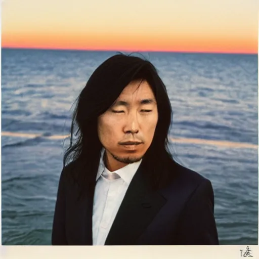 Prompt: japanese man with long hair in a suit standing in the ocean looking at the camera, wide shot, far away, sunset, album cover, 1980, tatsuro yamashita
