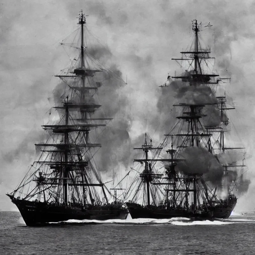 Prompt: the bluenose schooner is being attacked by an american battleship. photograph from life magazine