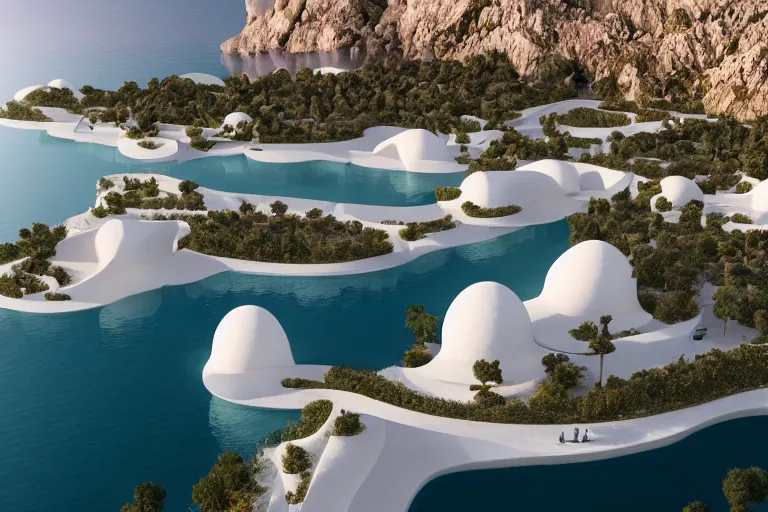 Image similar to the white buildings of palais bulles, which are formed by the intersection of many white egg shaped spherical spaces, are on the calm lake surface, human perspective, future, interior wood, marble, award winning, highly detailed 4 k art, dusk, unreal engine highly rendered, global illumination, radial light, internal environment