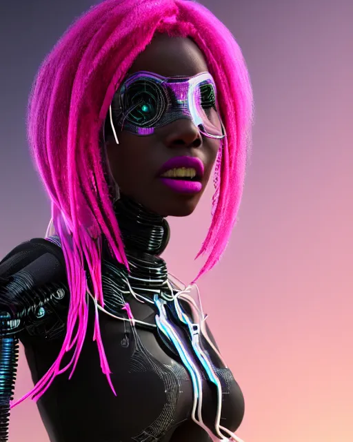 Image similar to portrait of a beautiful black woman with pink hair as a cyberpunk cyborg half robot, revealing wires and electronics, hooked - up, sci - fi, missing panels, intricate abstract upper body intricate artwork, concept art, octane render, deviantart, cinematic, key art, hyperrealism, iridescent accents, portrait photograph, nikon 3 5 mm, photograph by greg rutkowski