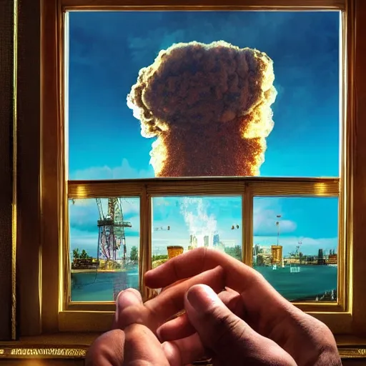 Image similar to mr. house, realistic, highly detailed face, looks at the big explosion, nuclear fungus, explosion, from the window of the lucky 3 8 casino, man smokes a cigar,! holding in his hand!, arm, cigarette advertising, hyperdetailed, artstation trending, ultra hd, artstation, photorealism, ultrarealistic, retro, 4 5 mm, elegant,