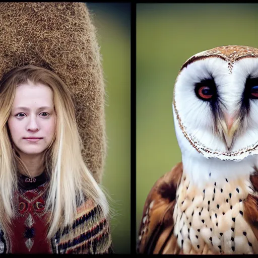 Image similar to symmetry!! portrait photograph of an extremely beautiful!!!! young blonde female with symmetric face. with a very detailed barn owl!!!!! on her shoulder. wearing traditional greenlandic national costume or kalaallisuut. in iceland. petzval lens. shallow depth of field. polaroid featured on flickr, art photography,