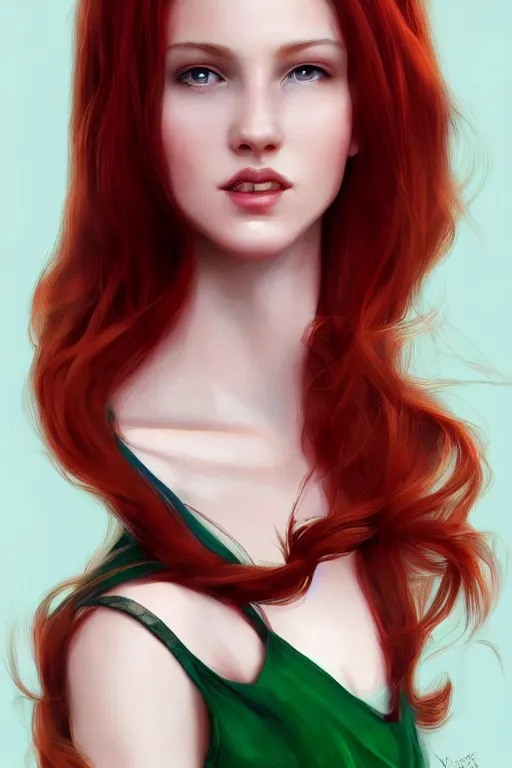 Prompt: beautiful cute red haired joyful and playful 1 9 year old maiden standing up in a green dress, long hair, sci - fi, fantasy, intricate, elegant, digital painting, artstation, concept art, smooth, 8 k frostbite 3 engine, ultra detailed, art by artgerm and greg rutkowski and magali villeneuve