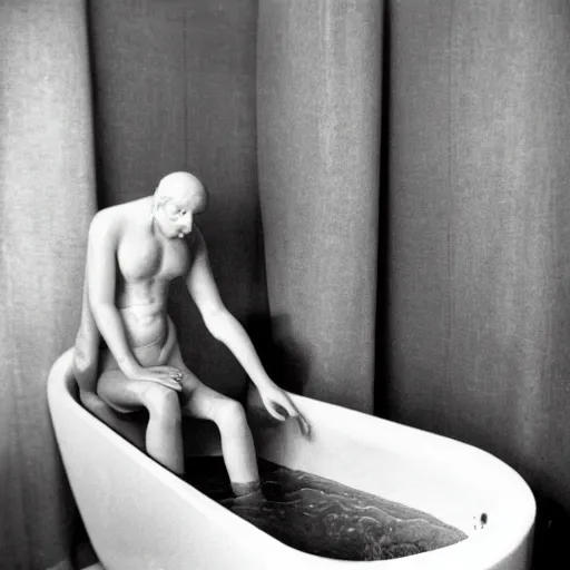 Prompt: a black and white photo of a man in a bathtub, a surrealist sculpture by marcel duchamp, featured on flickr, fluxus, constructivism, creative commons attribution, surrealist