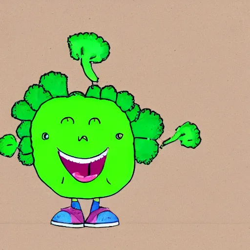 Image similar to a children illustration of a smiling happy broccoli, he is dancing, vivid bright colors