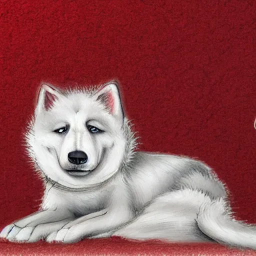 Prompt: a Jindo dog with red and white fur curled up sleeping on a rug peering at you from one open eye, high quality digital concept art