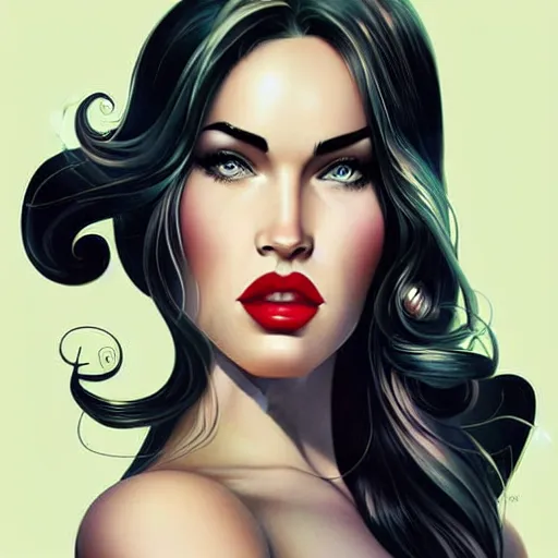 Prompt: a pinup illustration of megan fox in the style of anna dittmann and in the style of alex ross.