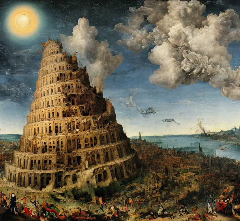 Prompt: a painting of the rubble that used to be the tower of babel, after it was hit by an explosion, at night with a sky full of stars, by pieter breugel the elder