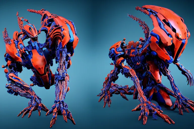 Prompt: portrait of a posed hyper detailed kaki and ultramarine leaplasher evangelion realistic mechanical and fleshy organic creature similar look as horizon forbidden west horizon zero dawn bioluminiscence in a dark deep forest at dawn in spring, with reflection and textures, by kilian eng, substance painter reaslitic mech surface metal painted scratches