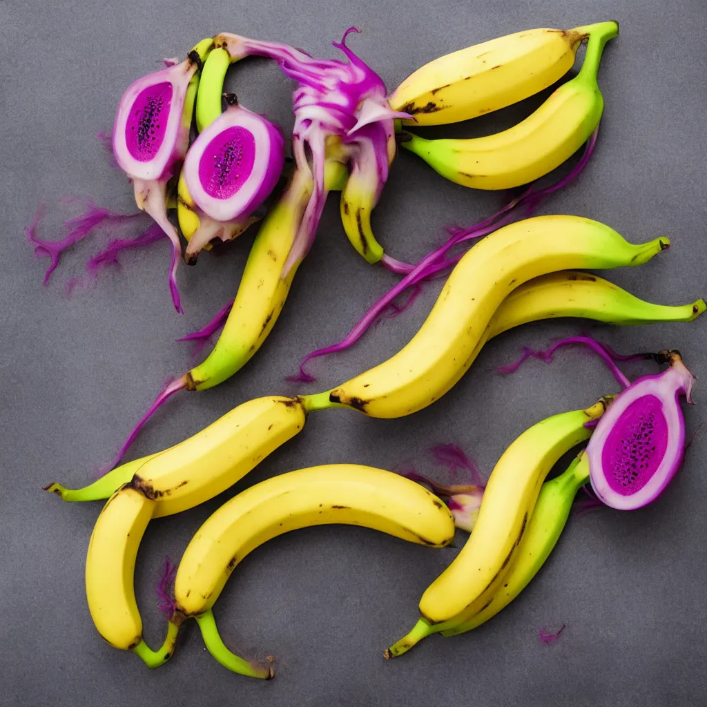 Image similar to banana that resembles dragon fruit, hyper real, food photography, high quality