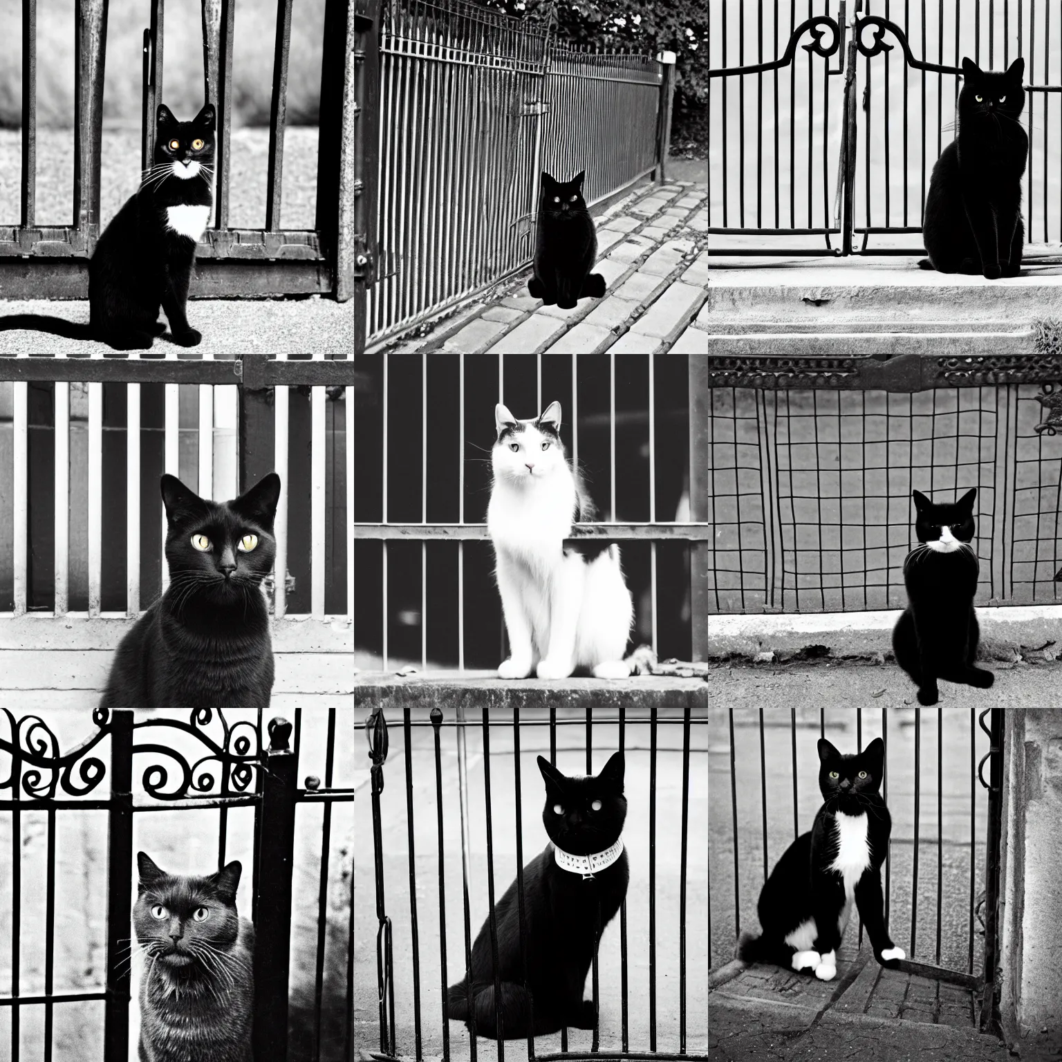Prompt: A vintage black and white photo of a black cat sat in front of an iron gate