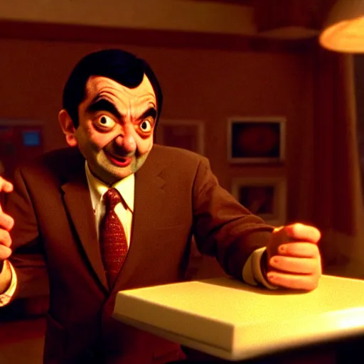 Prompt: mr. bean in tenacious d. movie still. cinematic lighting.