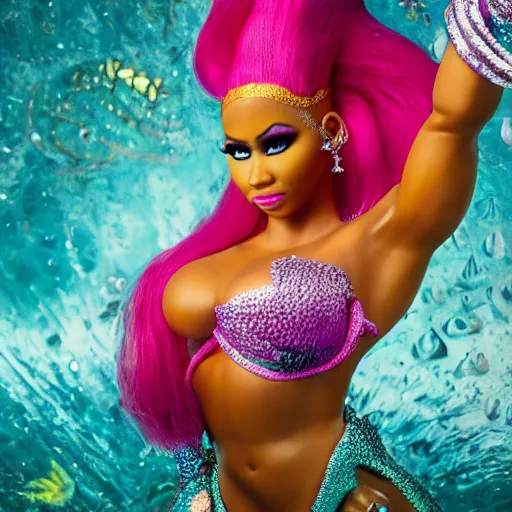 Image similar to photo of nicki minaj as a mermaid superstar, very detailed, full body shot, 50mm dslr, f/5.6