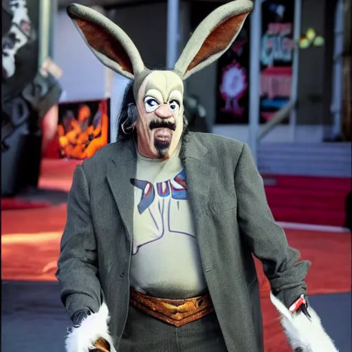 Image similar to Danny Trejo as Bugs Bunny live action movie, set photo in costume, cosplay, photograph