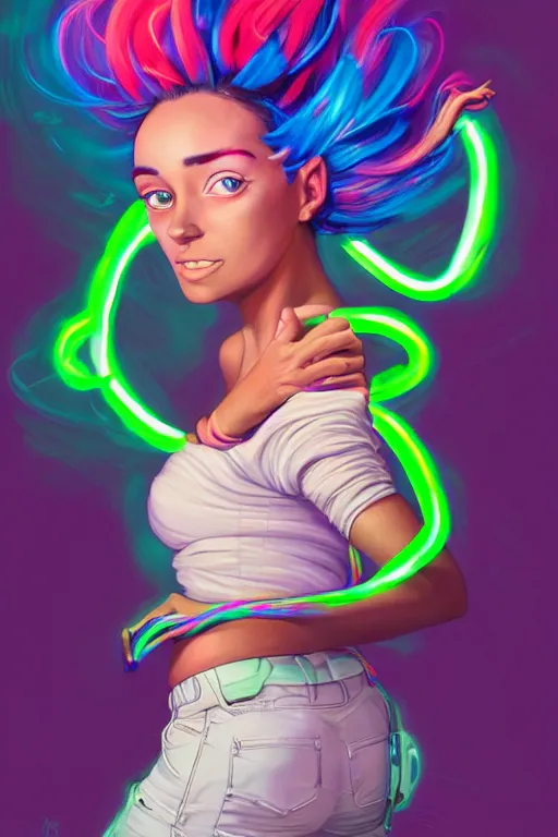 Prompt: a award winning full body portrait of a beautiful woman with stunning eyes in a one off shoulder croptop and cargo pants with rainbow colored hair, outlined by whirling illuminated neon lines and fine lines swirling in circles by jesper ejsing and rhads and makoto and shinkai and lois van baarle, digital art, trending on artstation