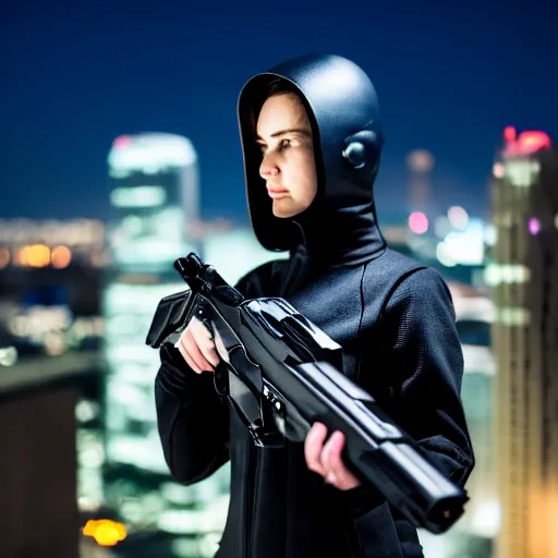 Image similar to photographic portrait of a 2d techwear woman holding a gun, closeup, on the rooftop of a futuristic city at night, sigma 85mm f/1.4, 4k, depth of field, high resolution, 4k, 8k, hd, full color