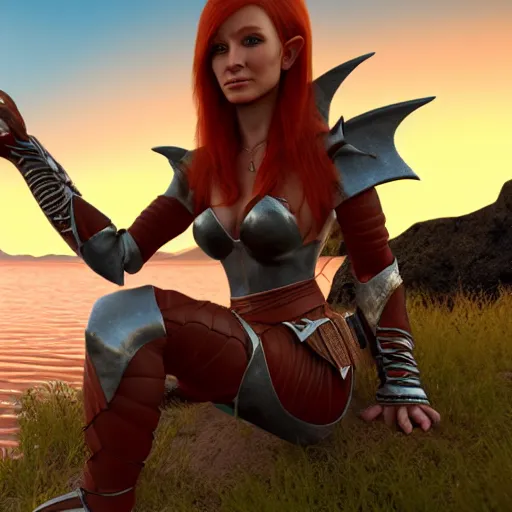 Prompt: beautiful female redhead elf warrior wearing tanned leather, sitting next to a beautiful lake at sunset, enjoying the wind, looking at the water. 8 k ultra realistic, award winning, unreal engine 5, masterpiece, atmosphere glow, hyperrealistic, focused, extreme details, cinematic