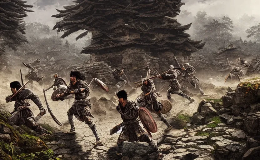 Prompt: highly detailed digital illustration of shinobi warriors running through old, ruined, japanese village from sengoku period, surrounded by dense rock formations, high in mountains, cinematic lighting, photobash, raytracing, volumetric lighting