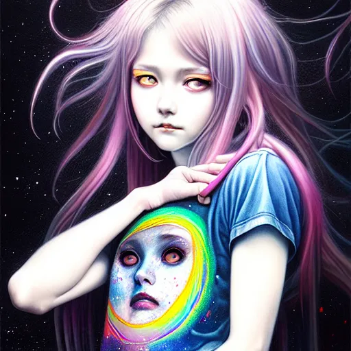 Prompt: a portrait of girl with rainbow hair white shirt, denim shorts, an ultrafine detailed painting by ayami kojima, cgsociety, fantasy, anime digital art, lovecraftian, cosmic horror, detailed painting