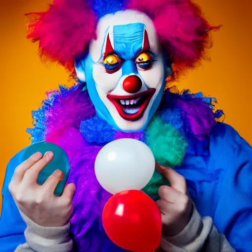 Image similar to realistic colorful beautiful cinematic epic image of a clown holding a blue ballon lost in a fair