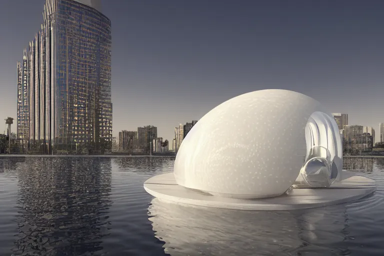 Prompt: a bubble building formed by the intersection and fusion of many white spherical spaces, on the calm lake surface, people's perspective modern curved architecture, future, wood, marble, metal award winning, highly detailed 4 k art, dusk, unreal engine highly rendered, global illumination, radial light, internal environment by kazuyo sejima