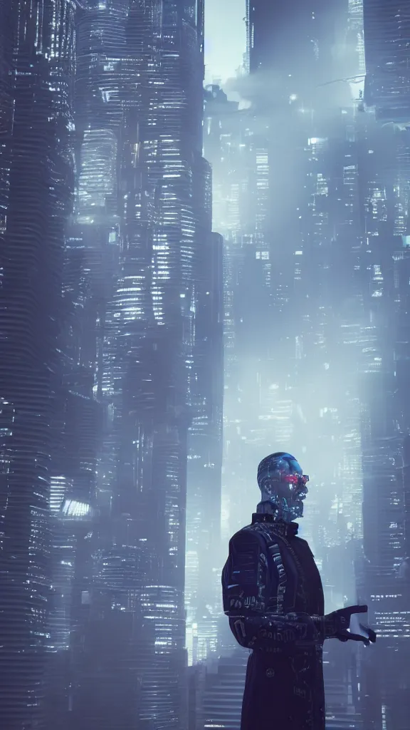 Image similar to a cyberpunk futuristic man smoking cigarettes behind a cyberpunk city, 8 k, sharp, detailed, photorealistic, octane render.