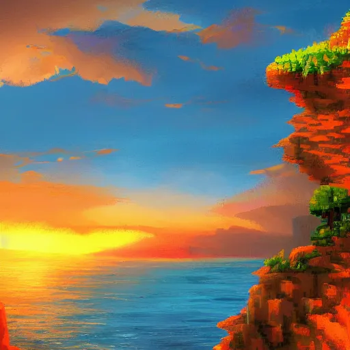 Prompt: a knight rests on a cliff above a cozy and cute seaside village at sunset, dramatic lighting, vivid color, 1 6 bit pixel cover art, trending on artstation