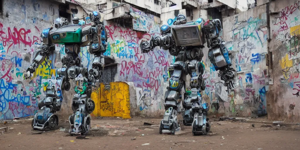 Image similar to giant mecha ROBOT of AJEGUNLE SLUMS of Lagos, graffiti on robots,